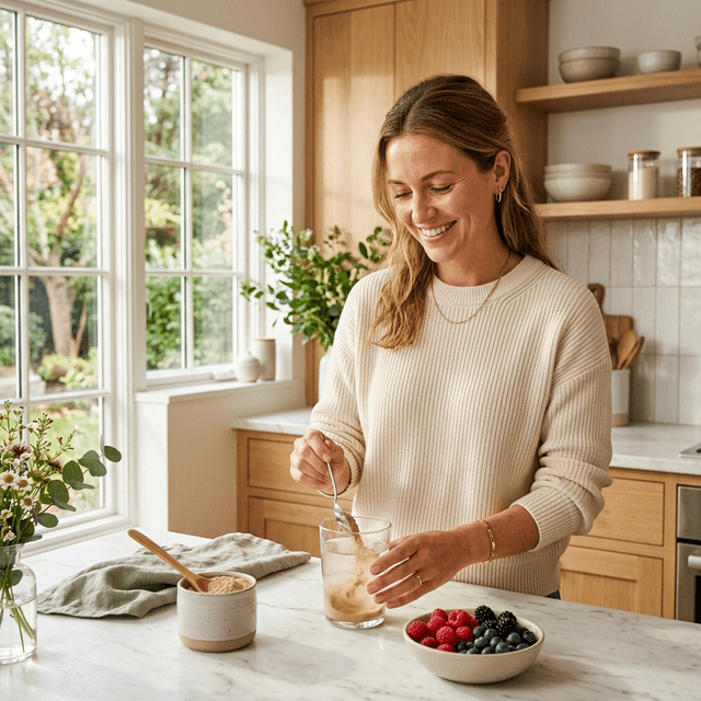 Woman preparing a Revi fiber drink in a bright, modern kitchen