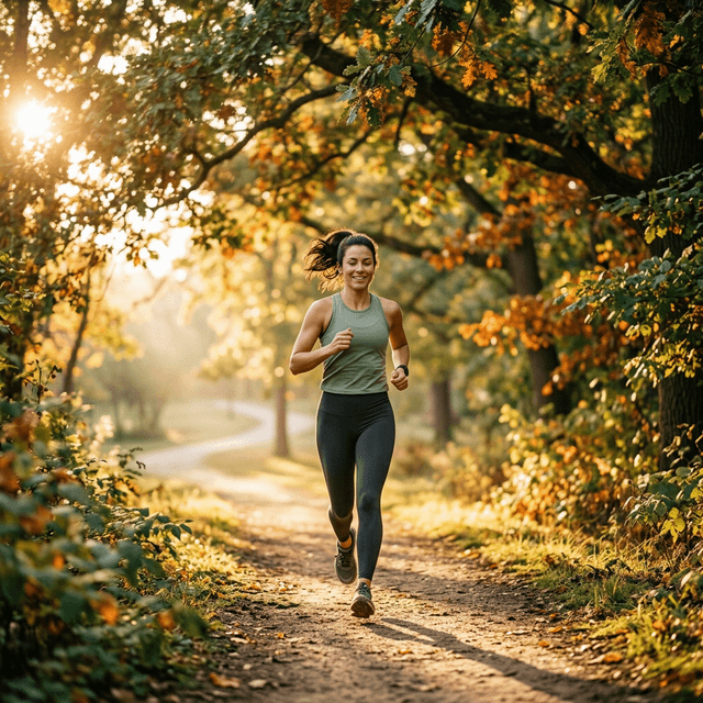 Person jogging on a leafy trail in morning light